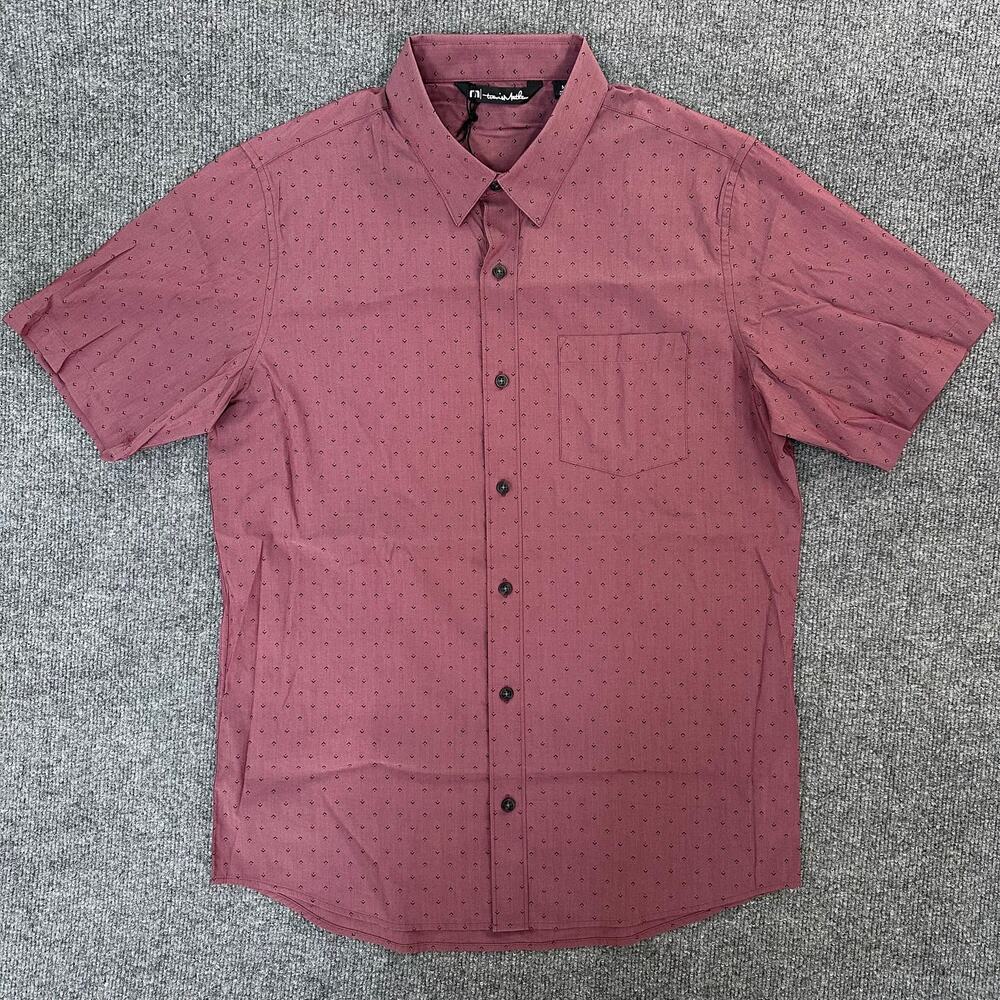 NEW TravisMathew Men’s Short Sleeve Button Down Shirt Metallic Red Geometric M